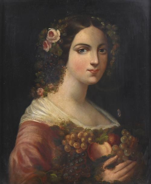 19TH CENTURY FRENCH SCHOOL. "GIRL WITH A HEADDRESS MADE OF FLOWERS AND FRUIT".