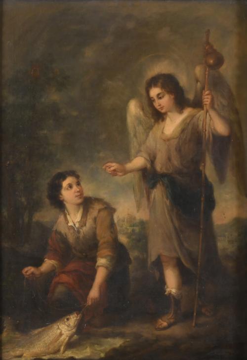 19TH CENTURY SEVILLE SCHOOL. "RAPHAEL THE ARCHANGEL AND TOBIAS".