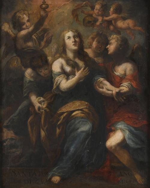 17TH-18TH CENTURIES SPANISH SCHOOL. "MAGDALENE ASSISTED BY ANGELS".