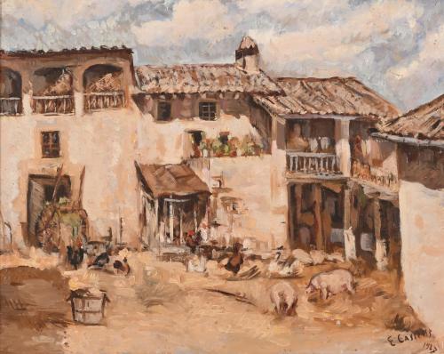 20TH CENTURY CATALAN SCHOOL. "PATIO DE MASÍA CON ANIMALES", 1937.