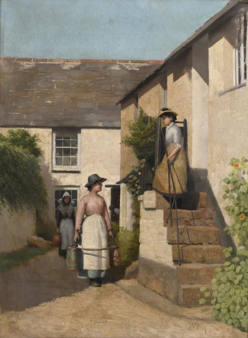 19TH-20TH CENTURY ENGLISH SCHOOL. "COUNTRY HOUSE AND FEMALE FIGURES".