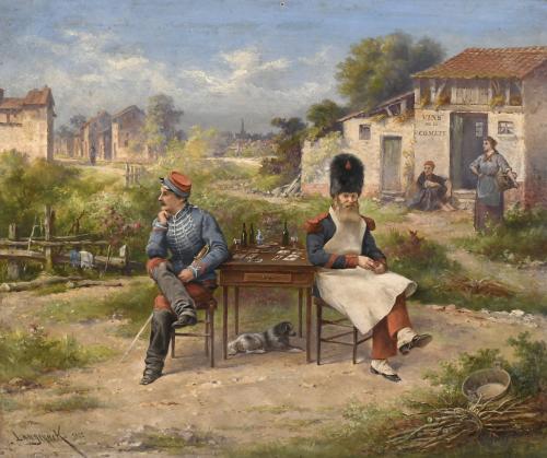 HENRI LANGEROCK (1830-1915). "MILITARES JUGANO CARTAS", 1907.