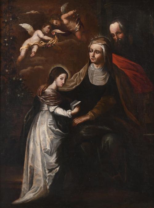 18TH CENTURY, SPANISH SCHOOL. "SAINT ANNE AND SAINT JOACHIM TEACHING MADONNA TO READ".