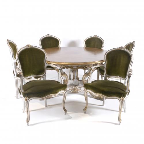 DINING TABLE AND CHAIRS, LOUIS XV STYLE. MID 20TH CENTURY.