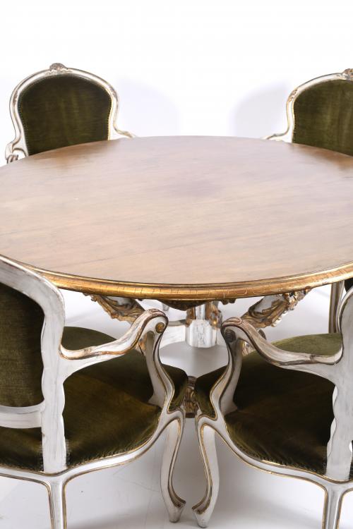 DINING TABLE AND CHAIRS, LOUIS XV STYLE. MID 20TH CENTURY.