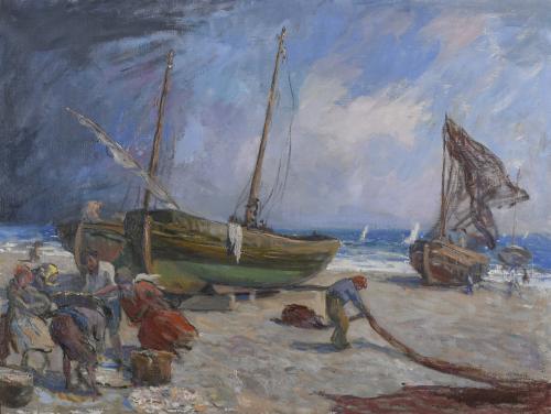 ALEXANDRE DE CABANYES MARQUES (1877-1972). "BOATS ON THE BEACH AND FIGURES".