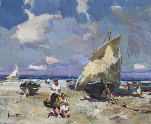 JOSEP SERRASANTA (1916-1998). "BOATS AND FIGURES ON THE BEACH".