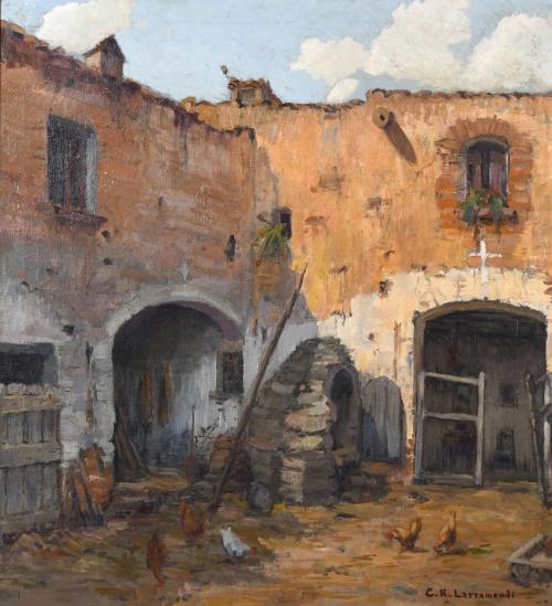 C.R. LARRAMENDI (19TH-20TH CENTURY). "COURTYARD WITH HENS".