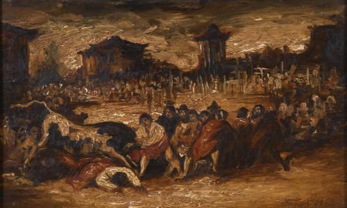 ATTRIBUTED TO EUGENIO LUCAS VELÁZQUEZ (1817-1870). " BULLFIGHTING IN A VILLAGE SQUARE ".