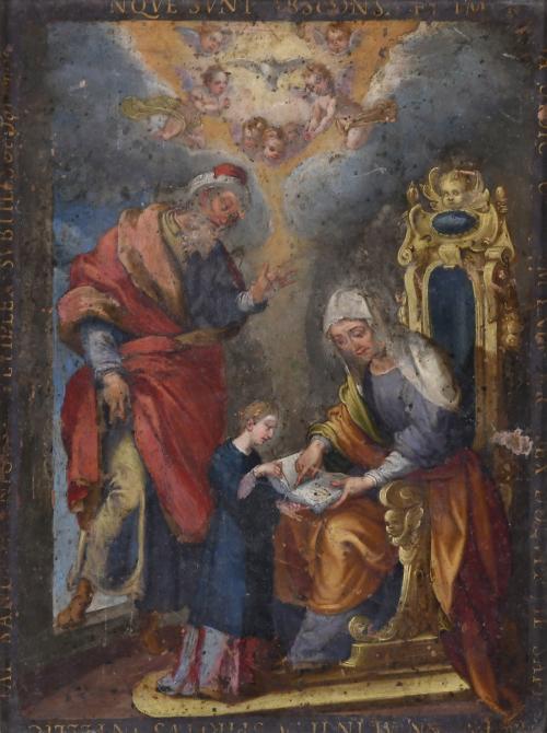 18TH CENTURY ITALIAN SCHOOL. "SAINT ANNE TEACHING MADONNA TO READ WITH SAINT JOACHIM AND THE ALLEGORY OF THE HOLY SPIRIT".