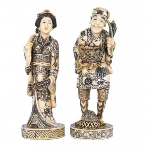 PAIR OF CHINESE BONE CARVINGS, "PAIR OF MERCHANTS", 20TH CE