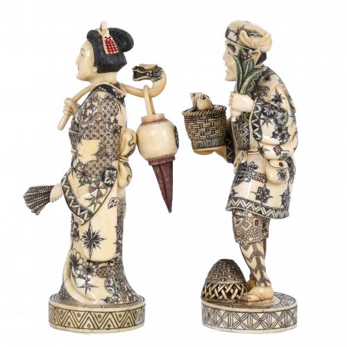 PAIR OF CHINESE BONE CARVINGS, "PAIR OF MERCHANTS", 20TH CE