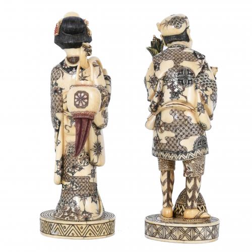 PAIR OF CHINESE BONE CARVINGS, "PAIR OF MERCHANTS", 20TH CE