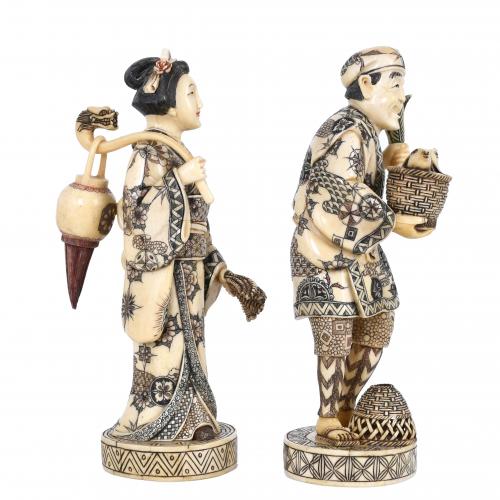 PAIR OF CHINESE BONE CARVINGS, "PAIR OF MERCHANTS", 20TH CE