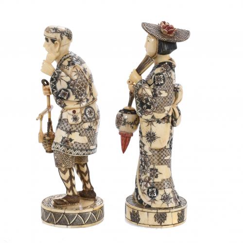 PAIR OF CHINESE BONE CARVINGS, "PAIR OF MERCHANTS", 20TH CE