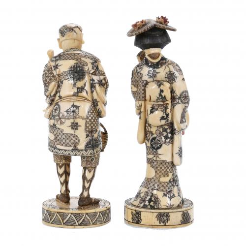 PAIR OF CHINESE BONE CARVINGS, "PAIR OF MERCHANTS", 20TH CE