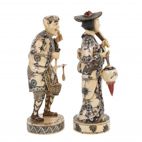 PAIR OF CHINESE BONE CARVINGS, "PAIR OF MERCHANTS", 20TH CE