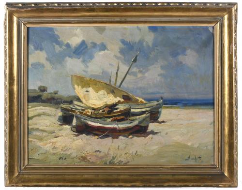 JOSEP SERRASANTA (1916-1998). "BARCAS EN LA ARENA".