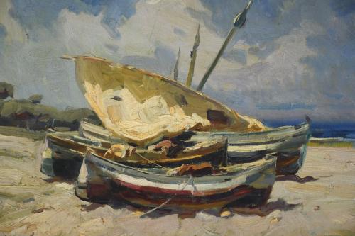 JOSEP SERRASANTA (1916-1998). "BARCAS EN LA ARENA".