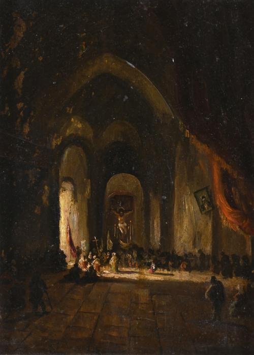 EUGENIO LUCAS VELÁZQUEZ (1817-1870). "CRISTO CRUCIFICADO EN INTERIOR DE IGLESIA".