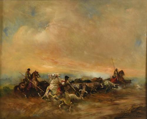 ALFREDO PALMERO DE GREGORIO, "MAESTRO PALMERO" (1901-1991). "ENCIERRO DE MIURAS EN EL CAMINO DE MATALLOSO", 1957.