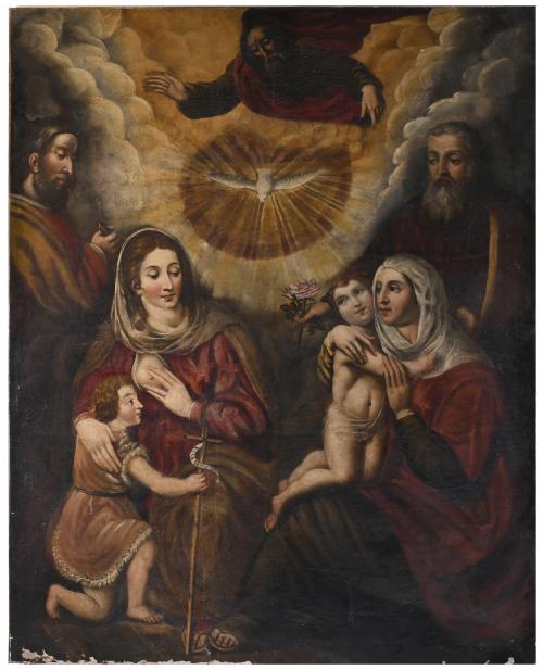 18TH CENTURY SPANISH OR MEXICAN SCHOOL. "HOLY FAMILY WITH SAINT ANNE AND SAINT JOACHIM" OR "THE TWO TRINITIES".