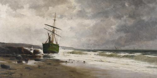 RICARDO MANZANET (1852-1939) "STRANDED SHIP AFTER THE STORM".