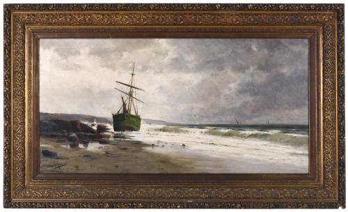 RICARDO MANZANET (1852-1939) "STRANDED SHIP AFTER THE STORM