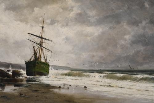 RICARDO MANZANET (1852-1939) "STRANDED SHIP AFTER THE STORM