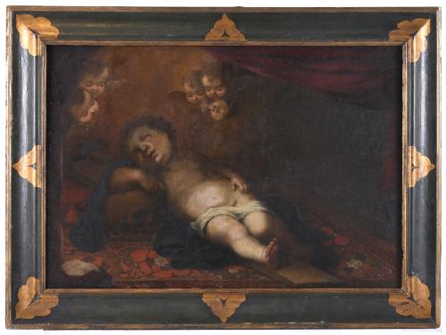 18TH CENTURY, SPANISH SCHOOL. "CHILD JESUS SLEEPING ON THE