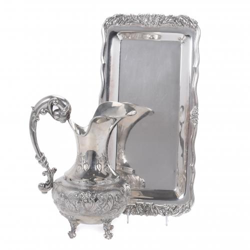 VICTORIAN STYLE SILVER WATER JUG AND TRAY, MID 20TH CENTURY. 