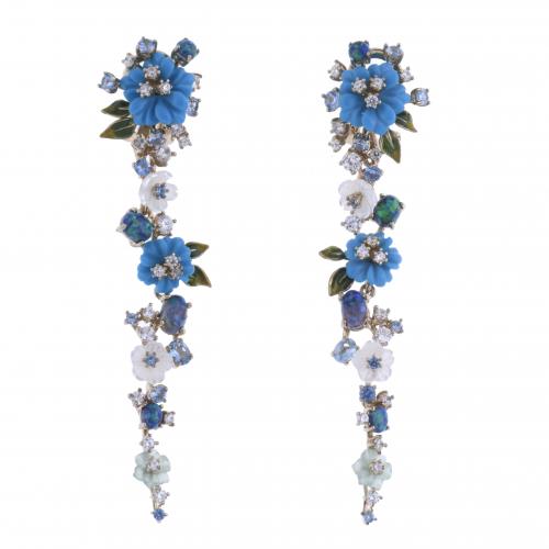 LONG CASCADE EARRINGS WITH FLOWERS, ENAMEL, CIRCUS AND MOTHER-OF-PEARL.