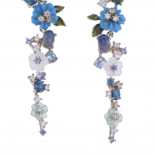 LONG CASCADE EARRINGS WITH FLOWERS, ENAMEL, CIRCUS AND MOTH