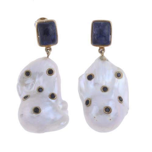 BAROQUE PEARL, LAPIS LAZULI AND SAPPHIRE EARRINGS.