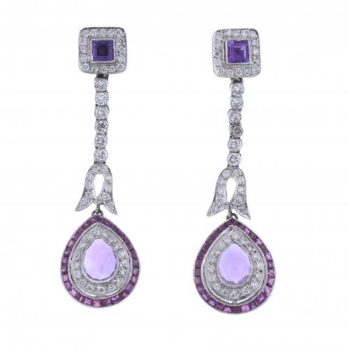 LONG EARRINGS WITH DIAMONDS, RUBIES AND AMETHYSTS.