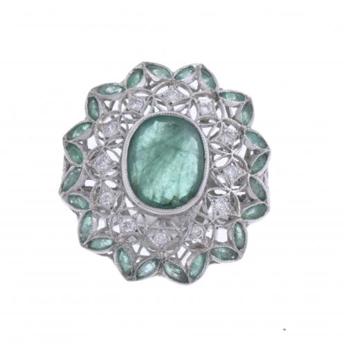 ROSETTE RING WITH DIAMONDS AND EMERALDS.