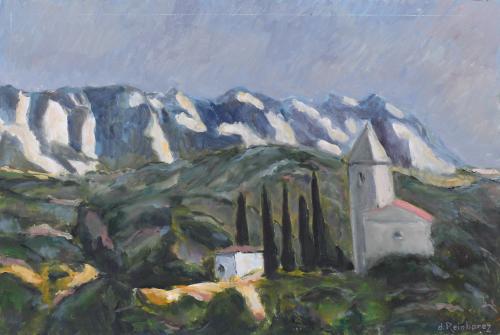 DIDIER REINHAREZ (20TH C.). "LANDSCAPE WITH CHURCH AND MOUNTAINS".