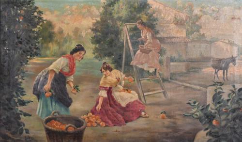 ESCUELA ESPAÑOLA, SIGLO XX. "VALENCIANAS RECOGIENDO NARANJAS".