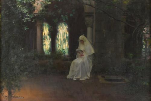 RAMÓN CASAS Y CARBO (1866-1932). "IN THE CLOISTER", circa 1919-1920. Cloister of Sant Benet de Bages.