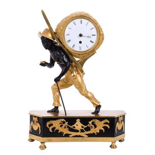 ATTRIBUTED TO JEAN-ANDRÉ REICHE (1752-1817), MASTER IN PARIS, "AU PALAIS ROYAL". DIRECTORY PENDULUM CLOCK "LE PORTEFAIX AU BON SAUVAGE", CIRCA 1800. 