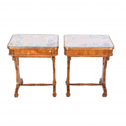 PAIR OF BIEDERMEIER STYLE TABLES SIMULATING SEWING CABINETS, MID 20TH CENTURY. 