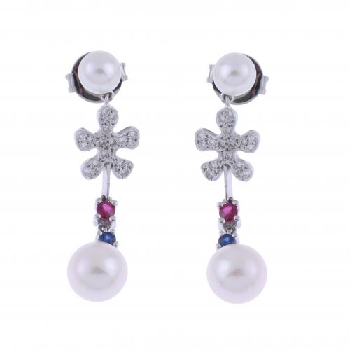 LONG EARRINGS WITH PEARL, RUBY AND SAPPHIRE.