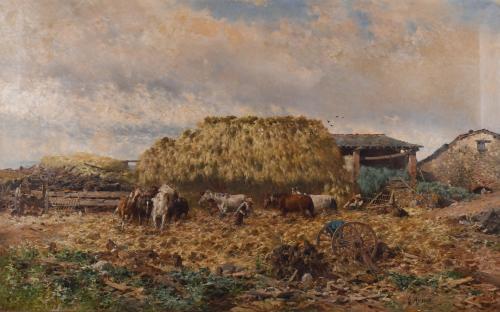 JOSEP ARMET I PORTANELL (1843-1911) "HAYSTACK AND HORSES".