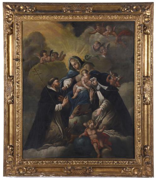 ESCUELA ESPAÑOLA, SIGLO XVII. Pareja de obras religiosas: "VIRGEN CON NIÑO, DOMINGO DE GUZMAN, SANTA TERESA Y SAN JOSÉ NIÑO" y "SAN PEDRO". 