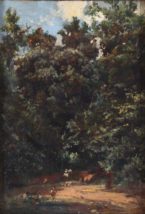 19TH CENTURY CATALAN SCHOOL. "LANDSCAPE WITH SMALL FIGURES"