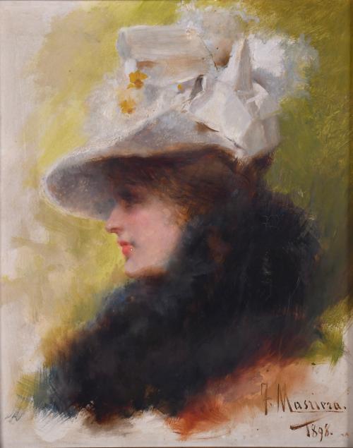 FRANCESC MASRIERA I MANOVENS (1842-1902). "RETRATO DE PERFIL DE JOVEN CON SOMBRERO", 1898.