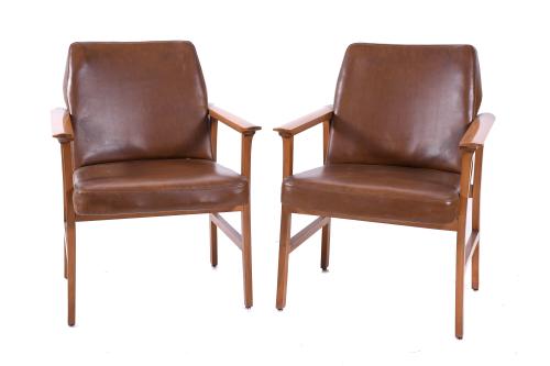 SPANISH DESK CHAIR AND PAIR OF ARMCHAIRS, CIRCA 1970.