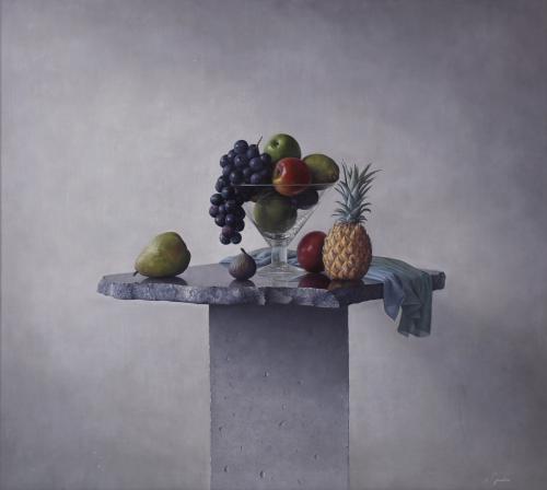 ADOLF GEUDENS (1954).  "STILL LIFE WITH FRUIT AND GLASS".