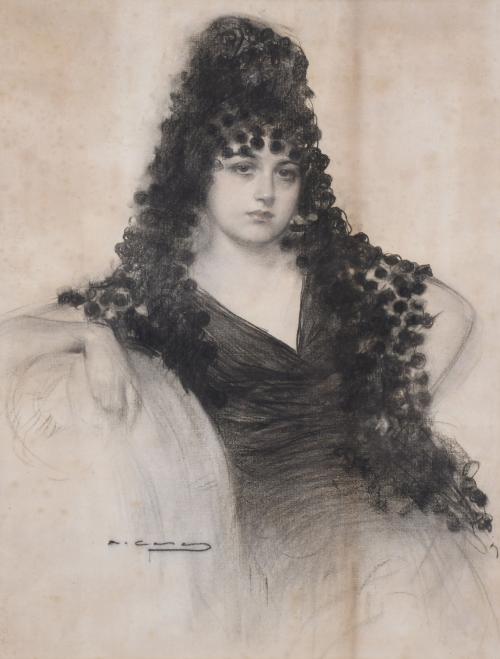 RAMÓN CASAS Y CARBO (1866-1932). "MANOLA WITH A MANTILLA".