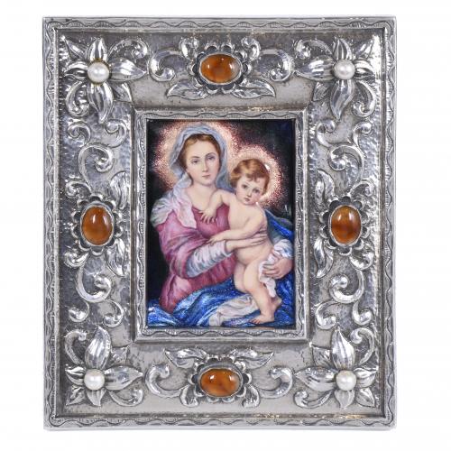 MINIATURA DE VIRGEN CON NIÑO EN MARCO EN PLATA, MED. SIGLO XX.